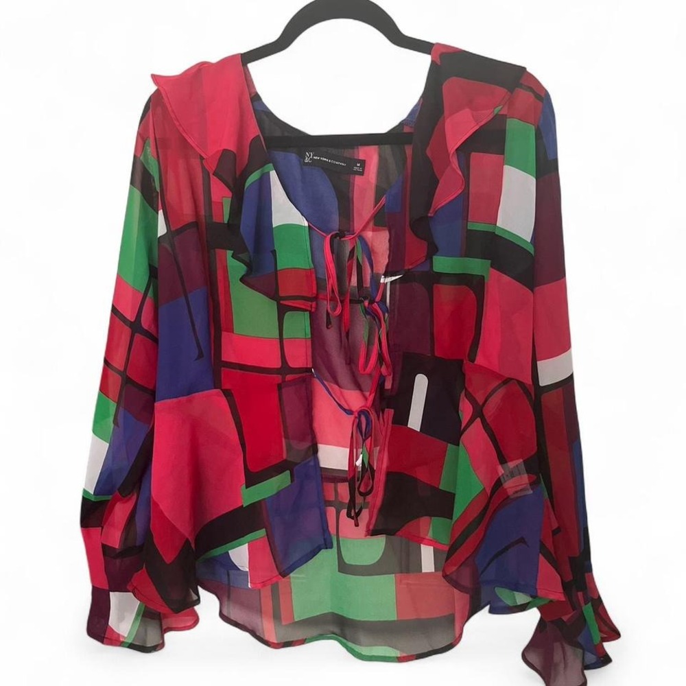 RETRO Y2K NEW YORK & COMPANY SHEER LONG SLEEVE BLOUSE WITH FRONT TIE DETAILING